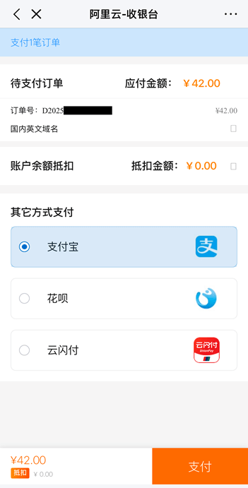 阿里云 App 收银台截图，不支持微信支付
